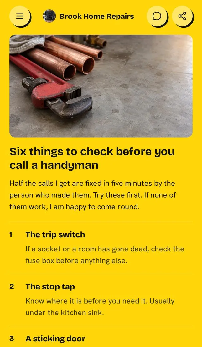An open article titled "Six things to check before you call a handyman" with a photo of a pipe wrench and a numbered list