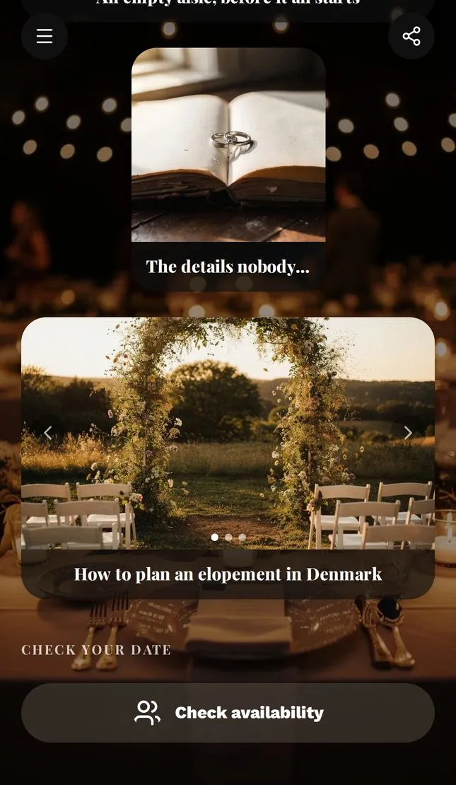 A wedding photographer's page with a card titled "How to plan an elopement in Denmark" over a photo of an outdoor ceremony arch
