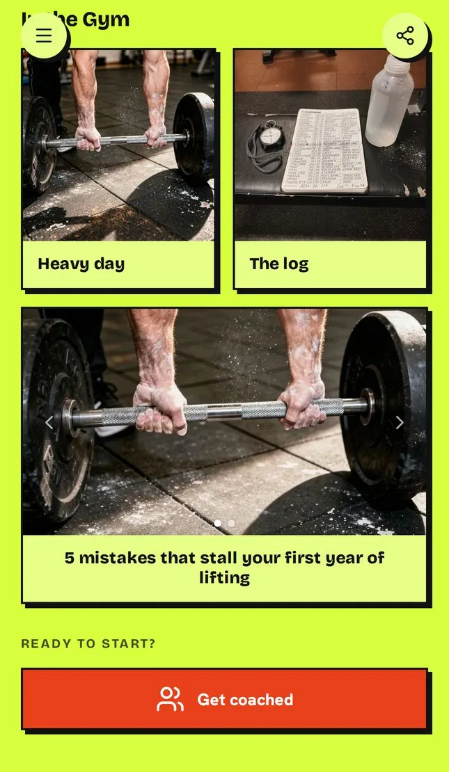 A strength coach's page with a photo card titled "5 mistakes that stall your first year of lifting" below two gym photos