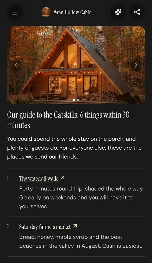 An open article titled "Our guide to the Catskills: 6 things within 30 minutes" with a photo of the cabin and numbered local recommendations