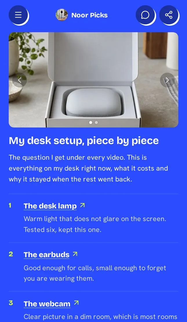 An open article titled "My desk setup, piece by piece" with a product photo carousel and numbered items, each title linking to the product