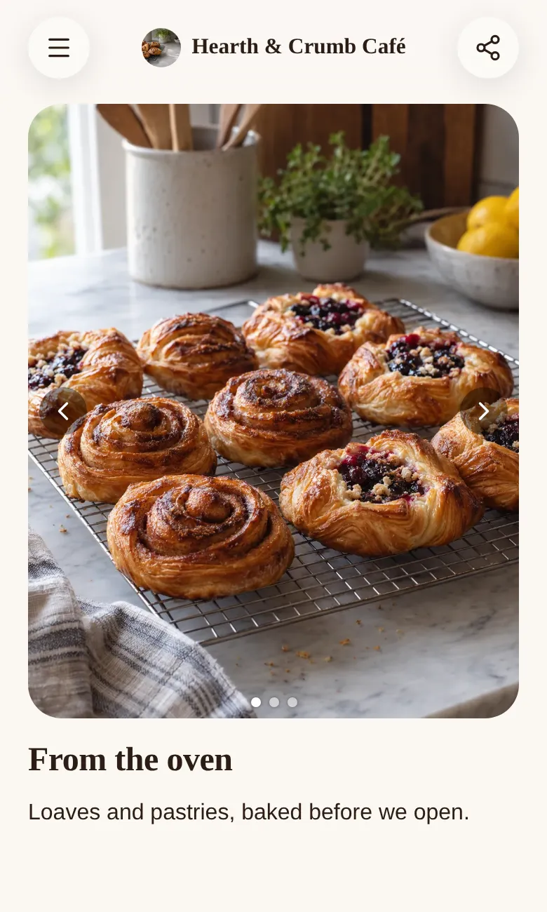 A card from the café's page open as its own page on a phone, with the café's name and photo at the top next to the menu and share buttons