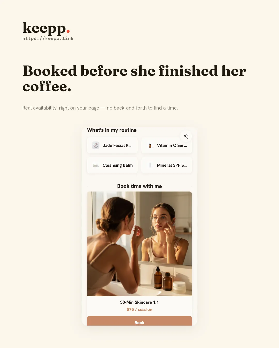 Screenshot of a Keepp booking card showing a bookable service with a photo, price, and Book button