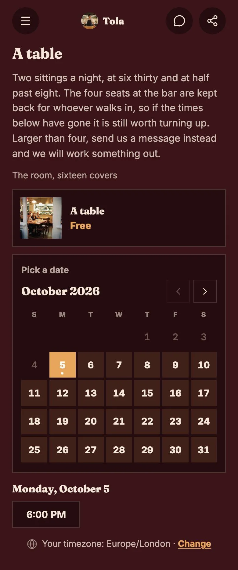A table booking calendar in deep red with a serif typeface, on a restaurant's Keepp page