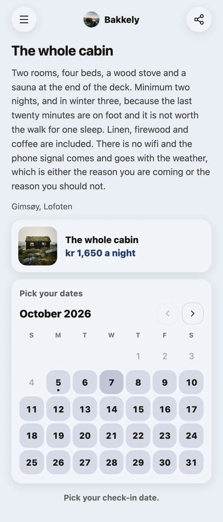 A day-based booking calendar for a cabin, priced per night, with check-in and check-out dates