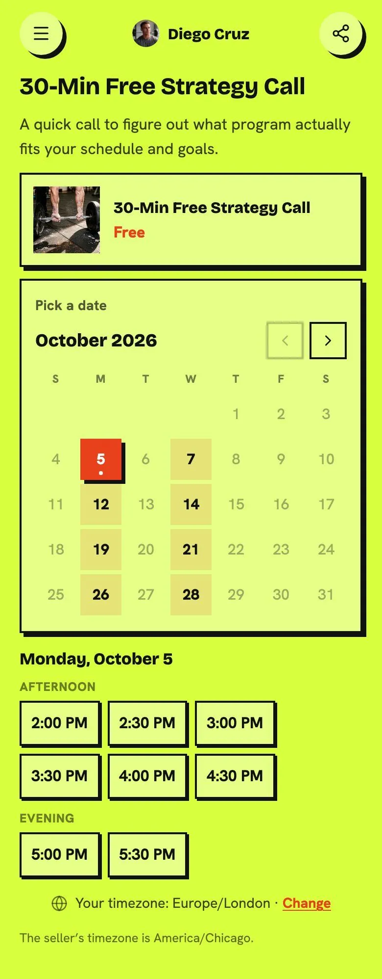 A booking calendar in lime and black with hard shadows, on a coach's Keepp page