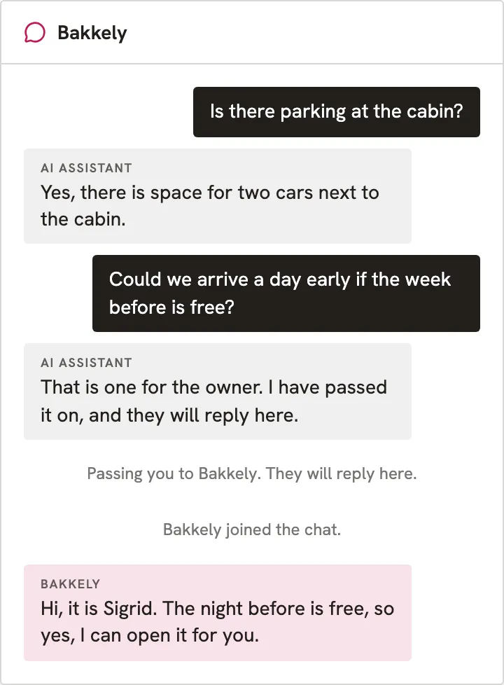 A chat on a Keepp page: the AI answers a parking question, then passes a question about arriving early to the owner, who joins and replies