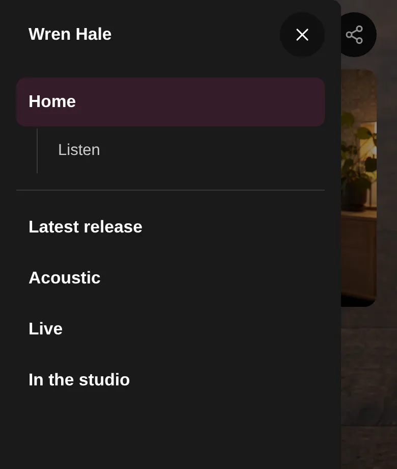 A musician's page menu open on a phone, listing Home, the Listen section, and pages for the latest release, acoustic, live and studio sessions