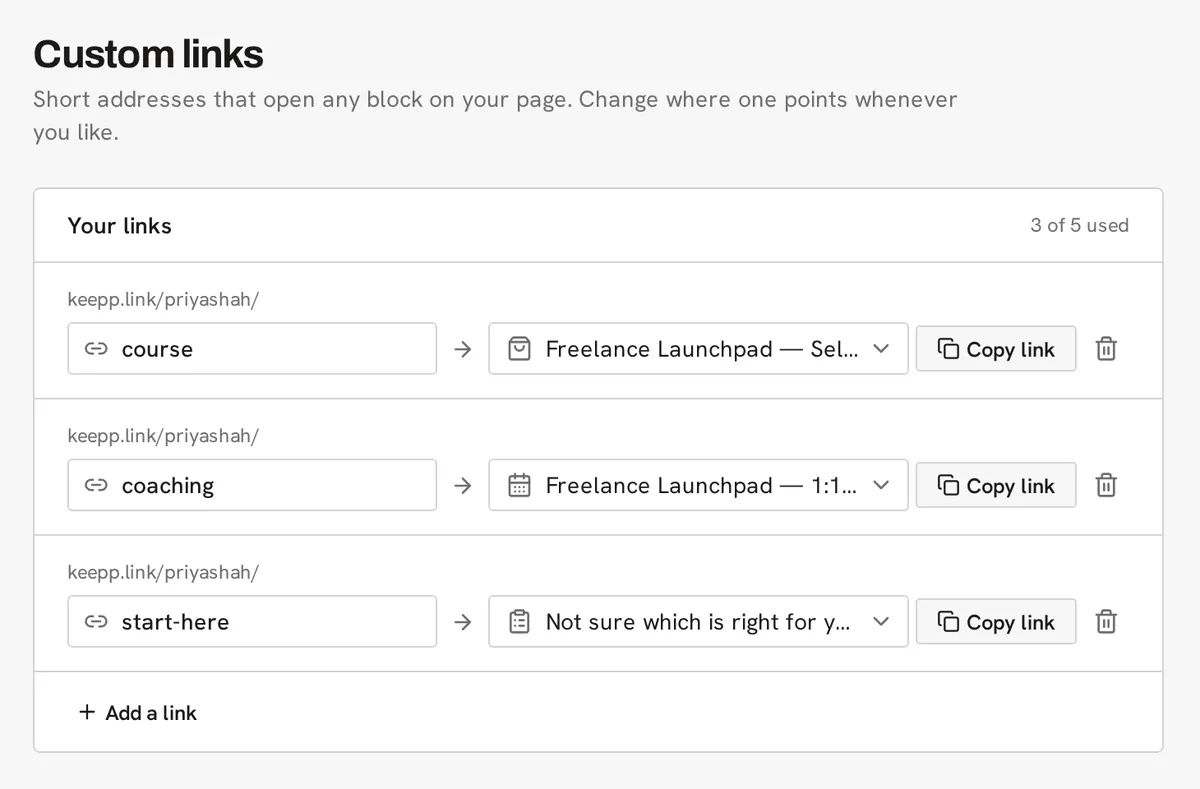 The Custom links page in Keepp's admin, with three links named course, coaching and start-here, each pointing at a product, a booking and a form
