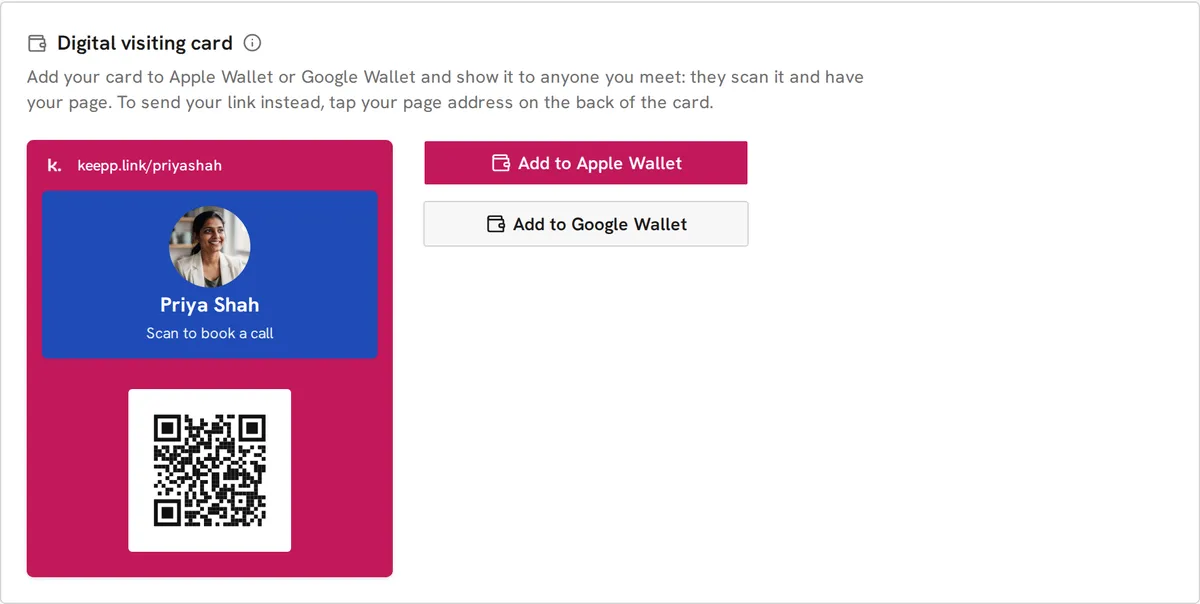 The Digital visiting card section in Keepp's admin, with the card preview on the left and the Add to Apple Wallet and Add to Google Wallet buttons on the right