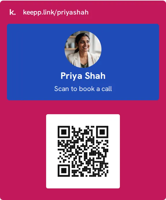 A Keepp digital visiting card with a blue panel showing the owner's photo, name Priya Shah and the line Freelance coach, Book a call, above a QR code
