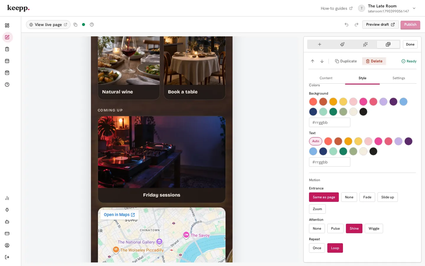The Keepp editor with the Friday sessions card selected on a bar's page, and the block's Motion settings set to Shine on a loop