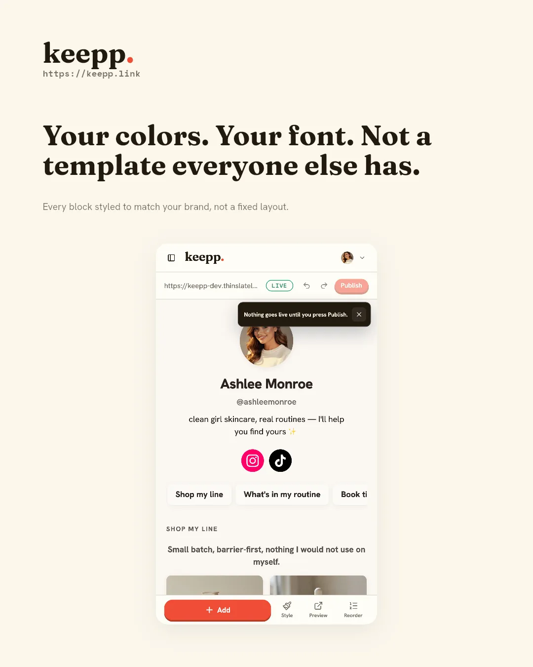 Screenshot of the Keepp page editor showing block styling controls for colors and fonts