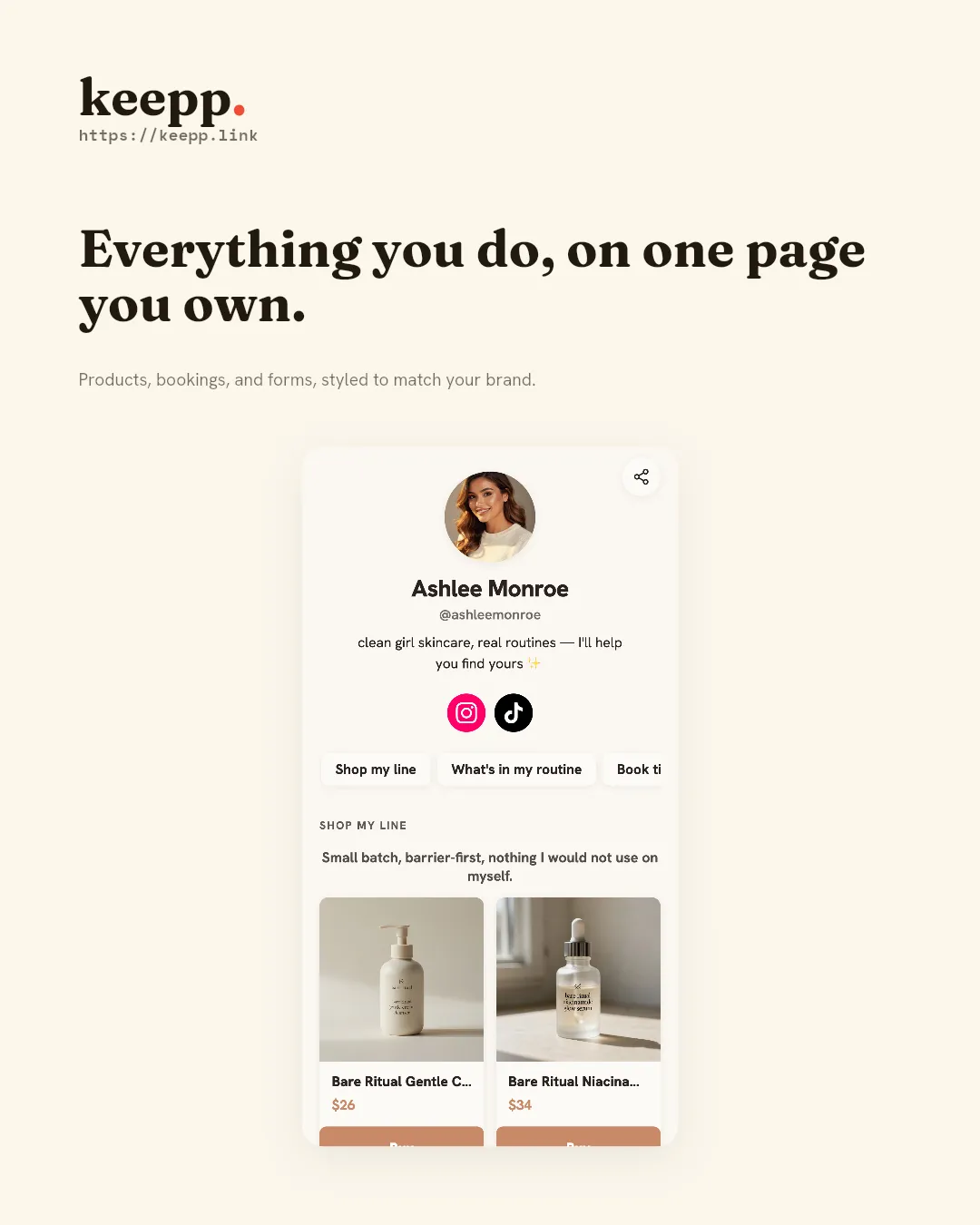 Screenshot of a Keepp storefront page showing a profile, social links, and a product grid