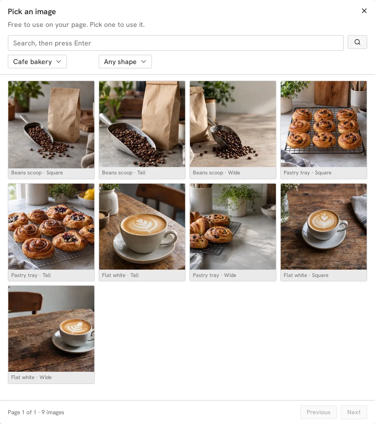 The Keepp gallery picker filtered to cafe and bakery images, showing coffee beans, pastries and flat whites in square, tall and wide shapes