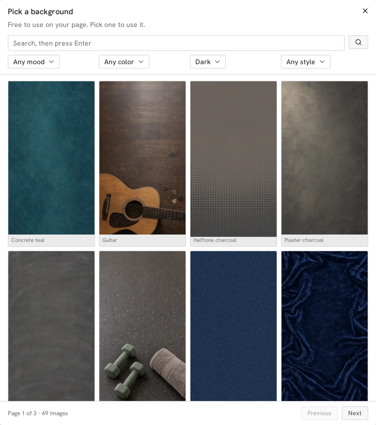 The Keepp background gallery filtered to dark backgrounds, showing teal concrete, a guitar on dark wood, charcoal plaster and navy velvet