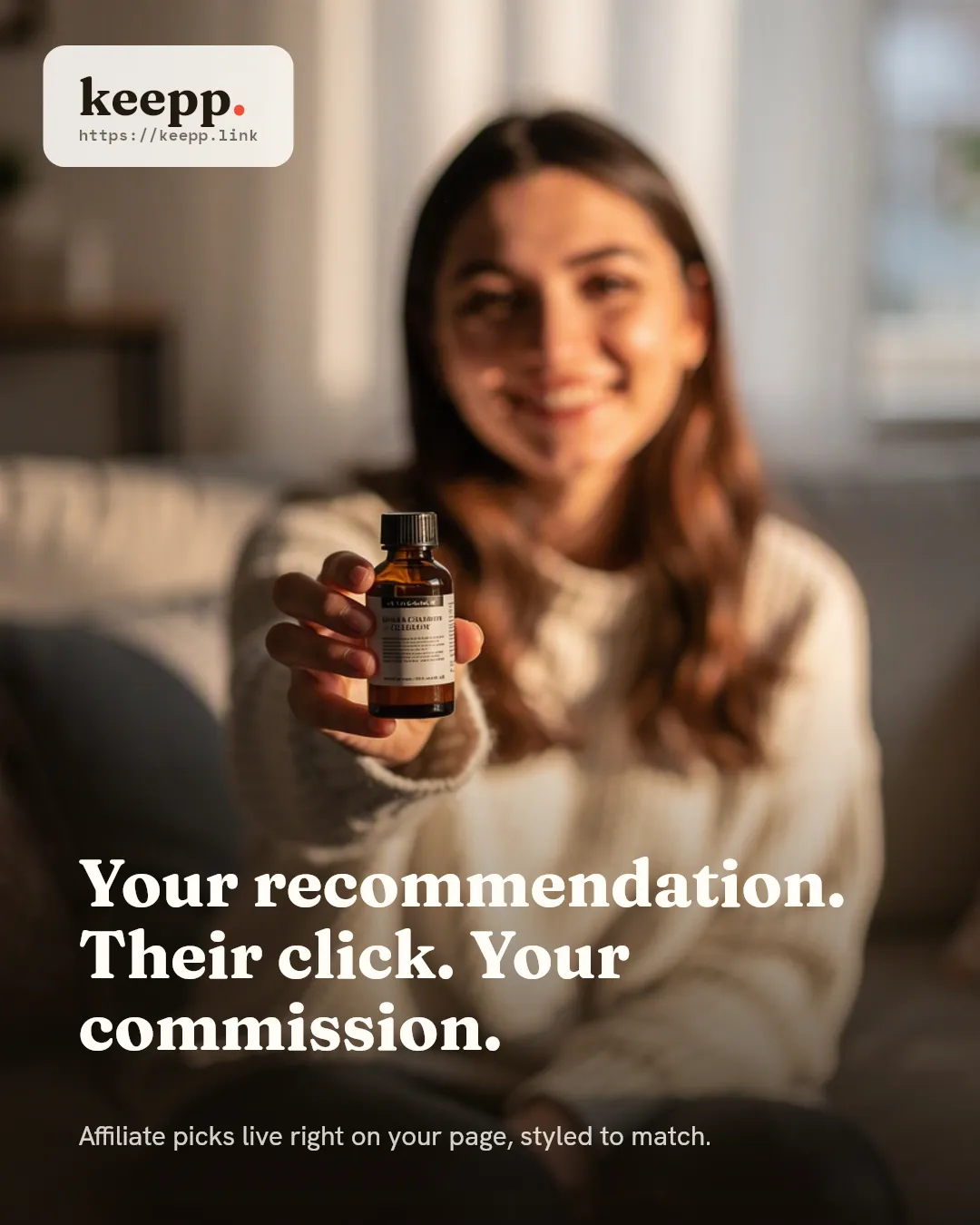 A woman casually holding up a skincare bottle toward the camera with a relaxed smile
