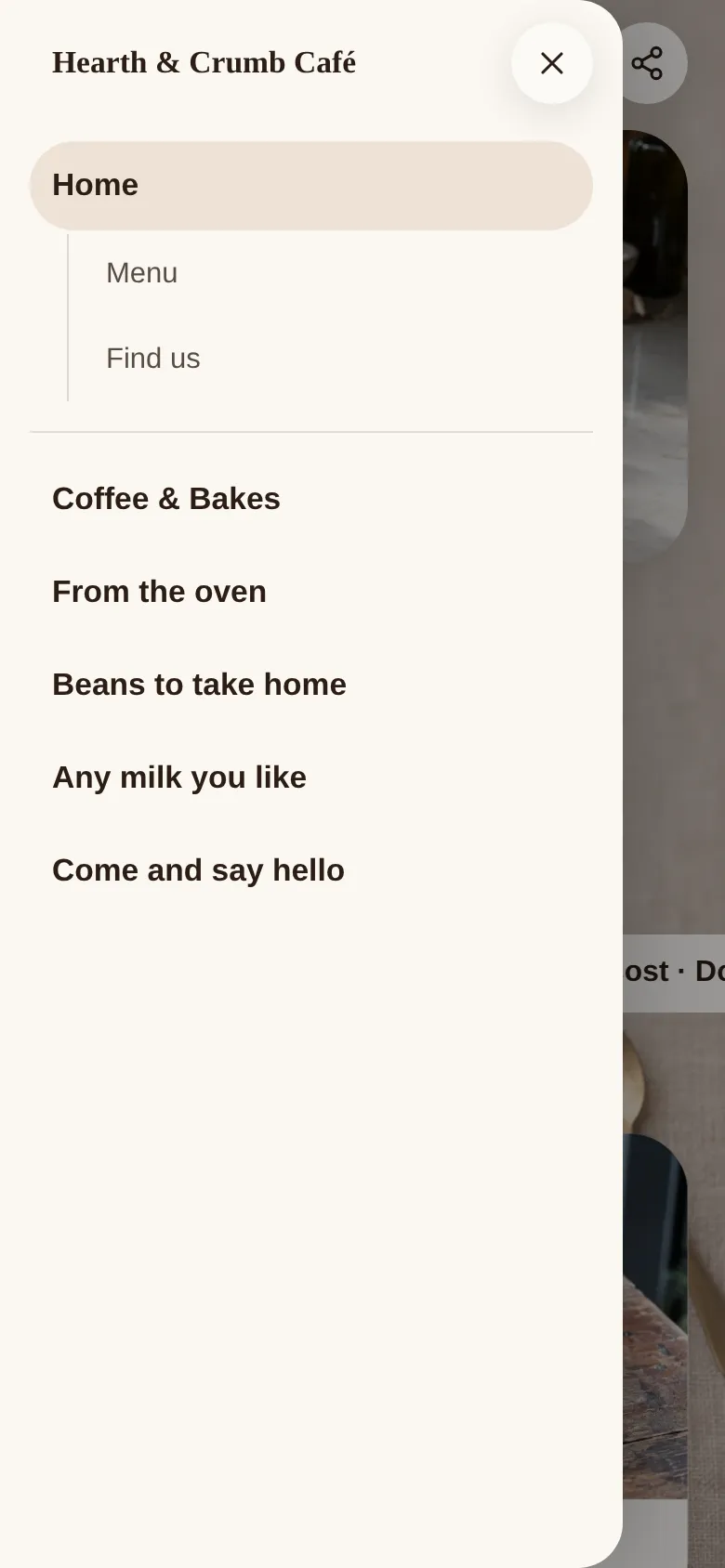 A café's Keepp page on a phone with the page menu open, listing Home with the Menu and Find us sections under it, then each item on the page by name