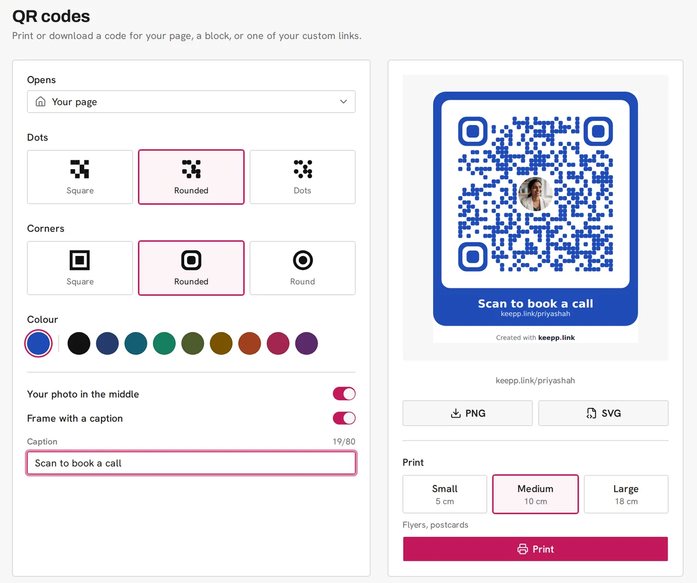 Keepp's QR codes page with the code designer on the left and the preview, downloads and Small, Medium and Large print sizes on the right