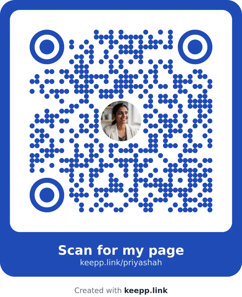 A Keepp QR code with round dots, round corners, the owner's photo in the middle and a frame reading Scan for my page