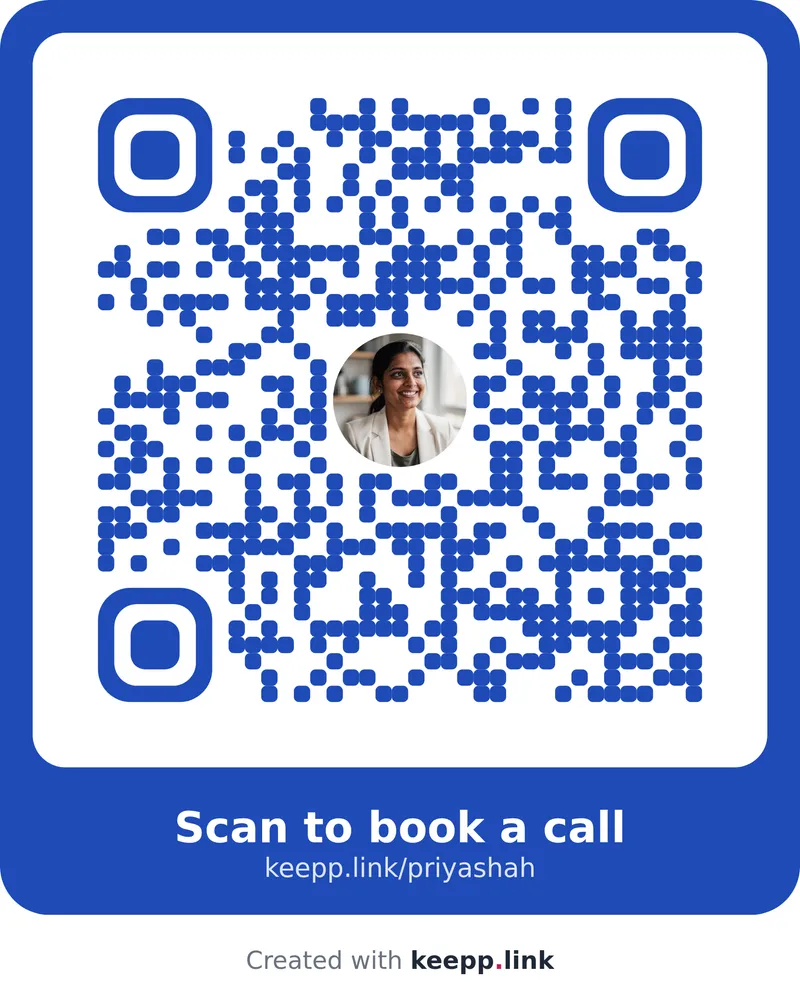 A Keepp QR code in a blue frame with the owner's photo in the middle, a caption that reads Scan to book a call, and the page address underneath