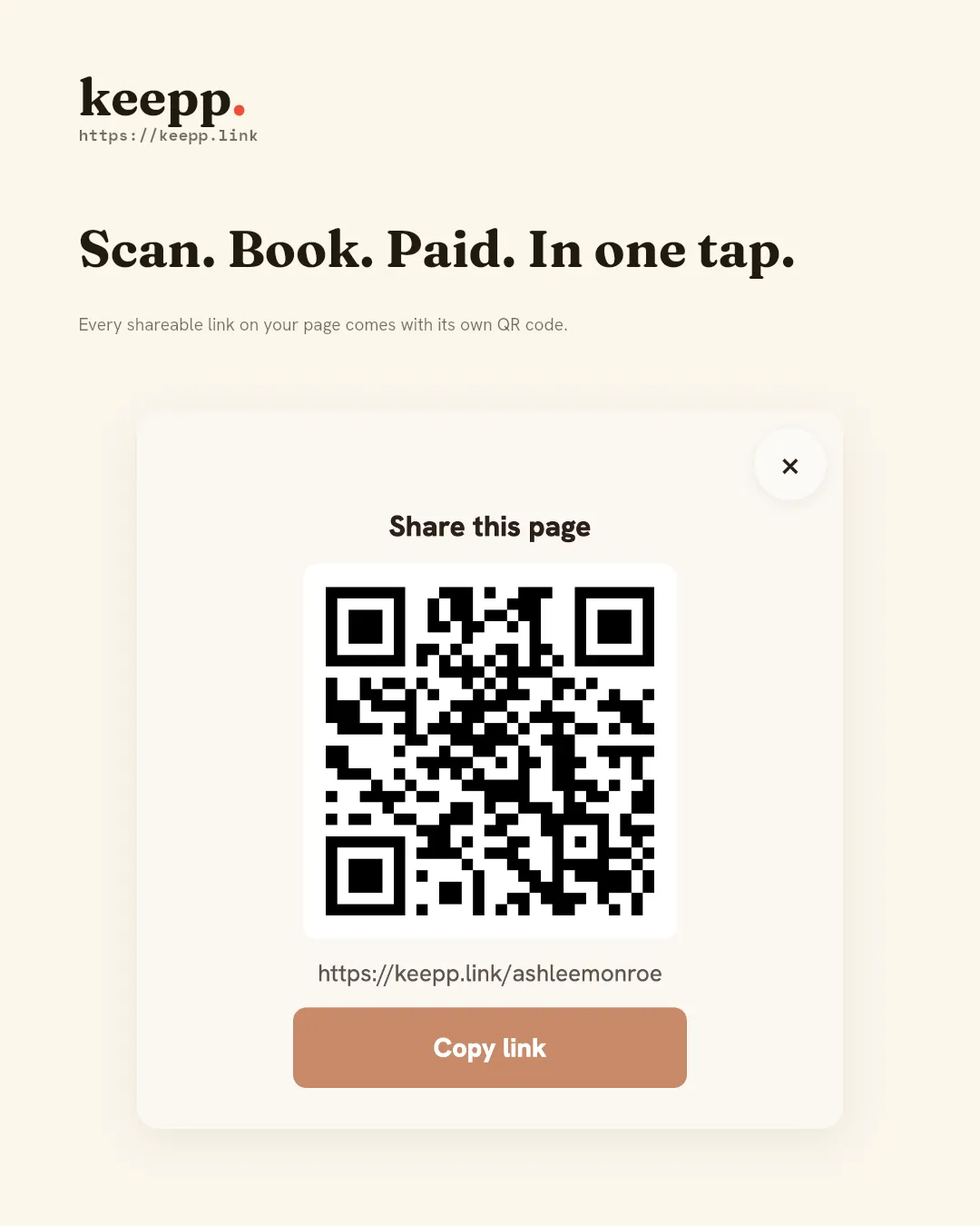 Screenshot of a Keepp share sheet showing a QR code and copy-link button for one page block