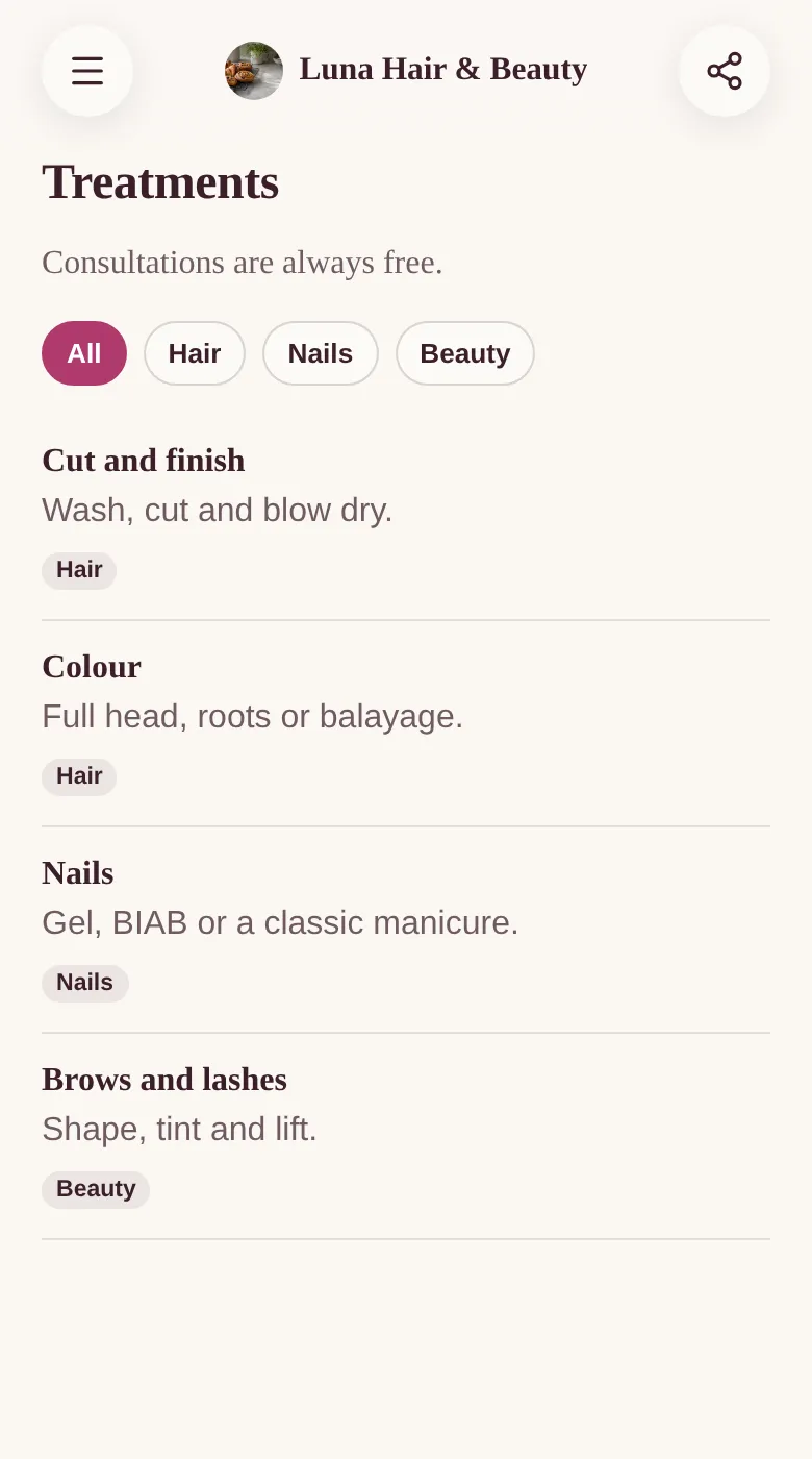 A salon's treatments list open as its own page on a phone, with filters for hair, nails and beauty