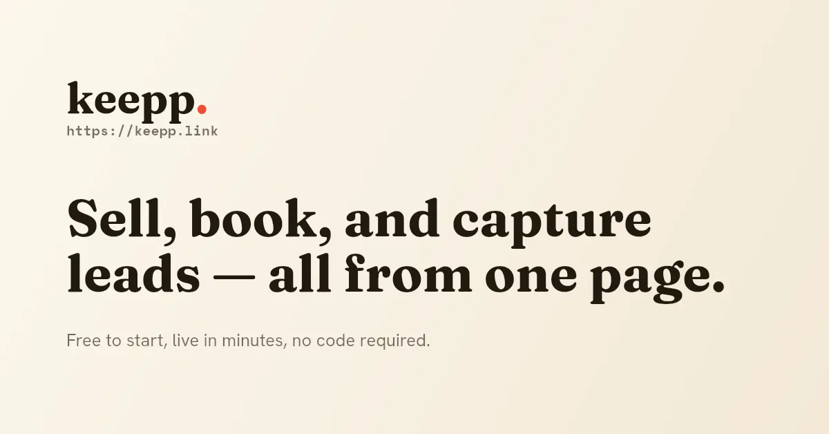 Text graphic reading "Sell, book, and capture leads — all from one page" with the subtext "free to start, live in minutes, no code required"