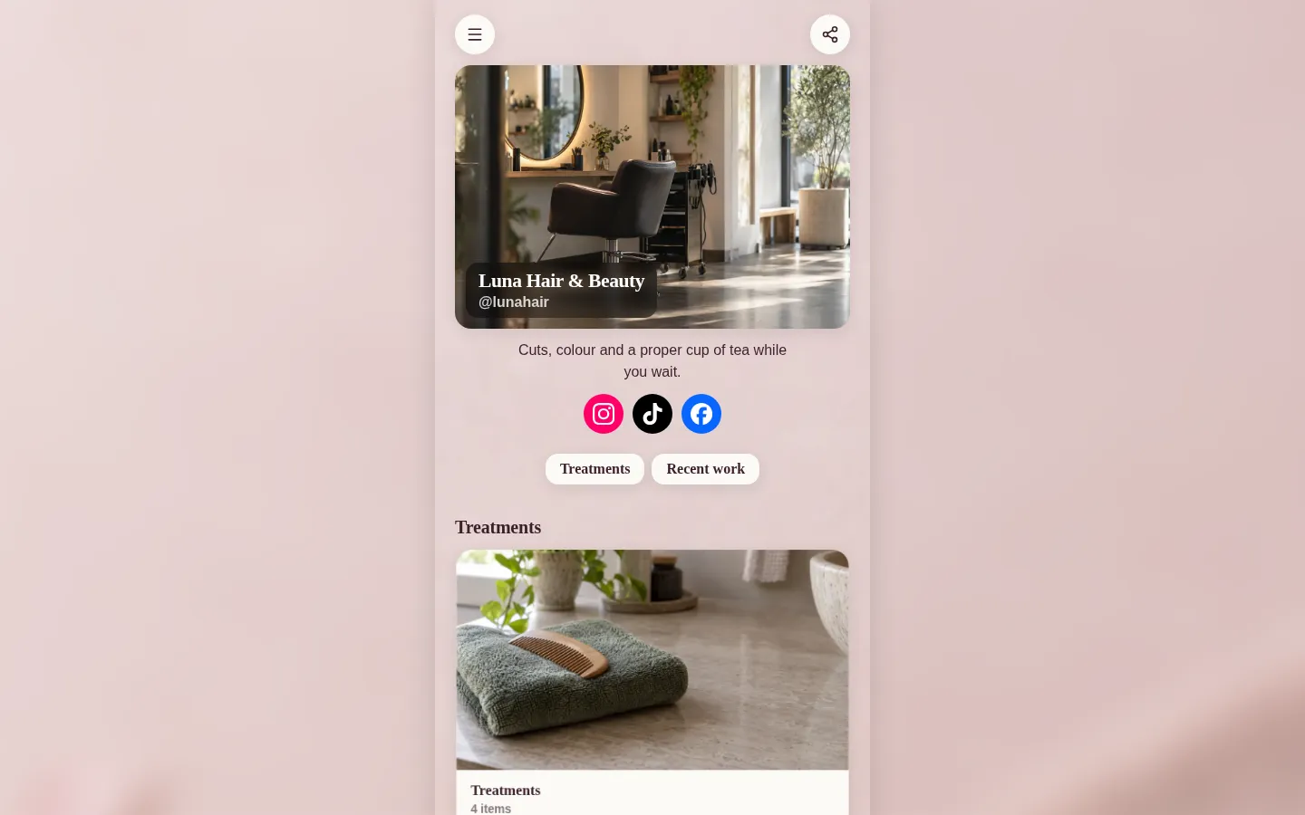 A salon's Keepp page on a laptop: a column with the salon's photo, name and treatments, and the page's own background softly blurred on either side