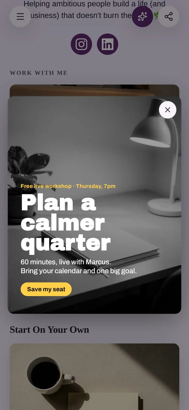 A phone showing a workshop flyer as a pop-up over a coach's page, with a close button in the corner