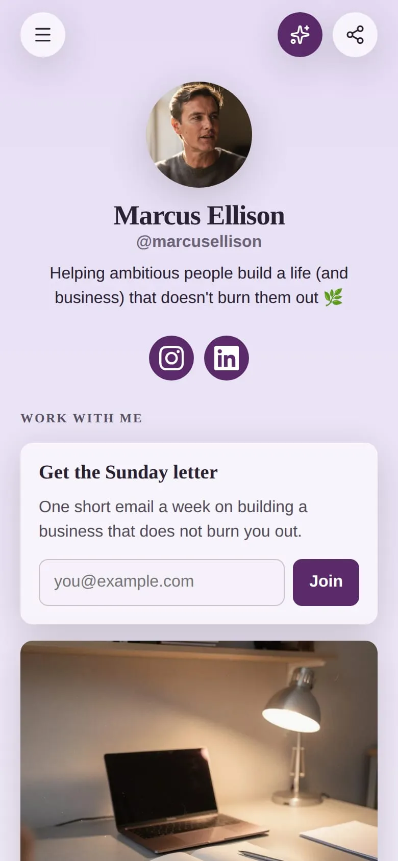 A link-in-bio page on a phone with a "Get the Sunday letter" sign-up card: a heading, one line of text, an email field and a Join button