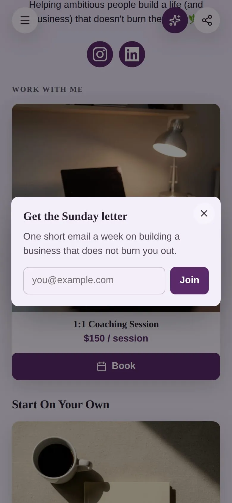 The same page with a small pop-up in the middle of the screen: "Get the Sunday letter", an email field and a Join button, with a close button in the corner