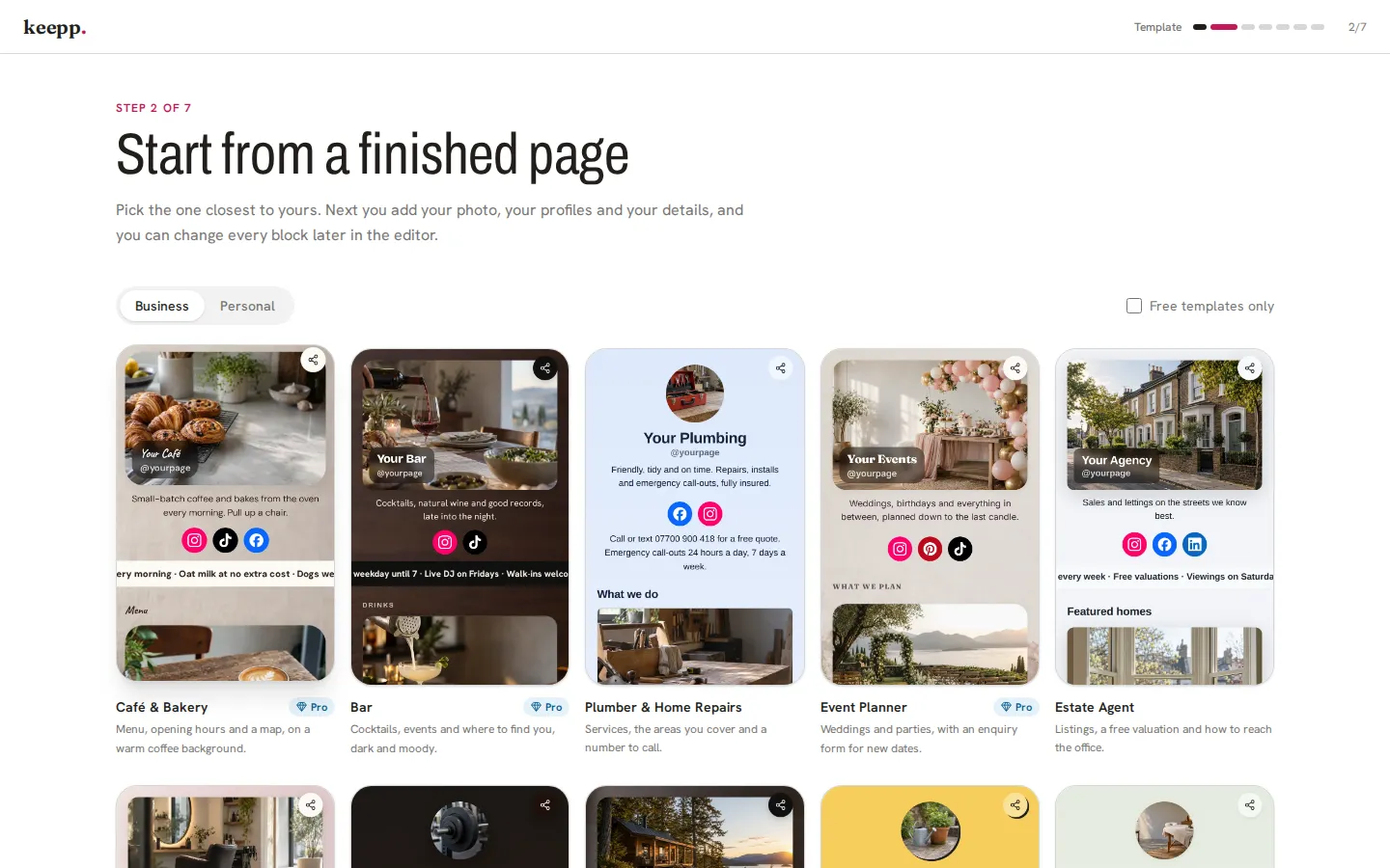 The Keepp template gallery on the Business tab, showing phone previews of the Café & Bakery, Bar, Plumber & Home Repairs, Event Planner and Estate Agent templates