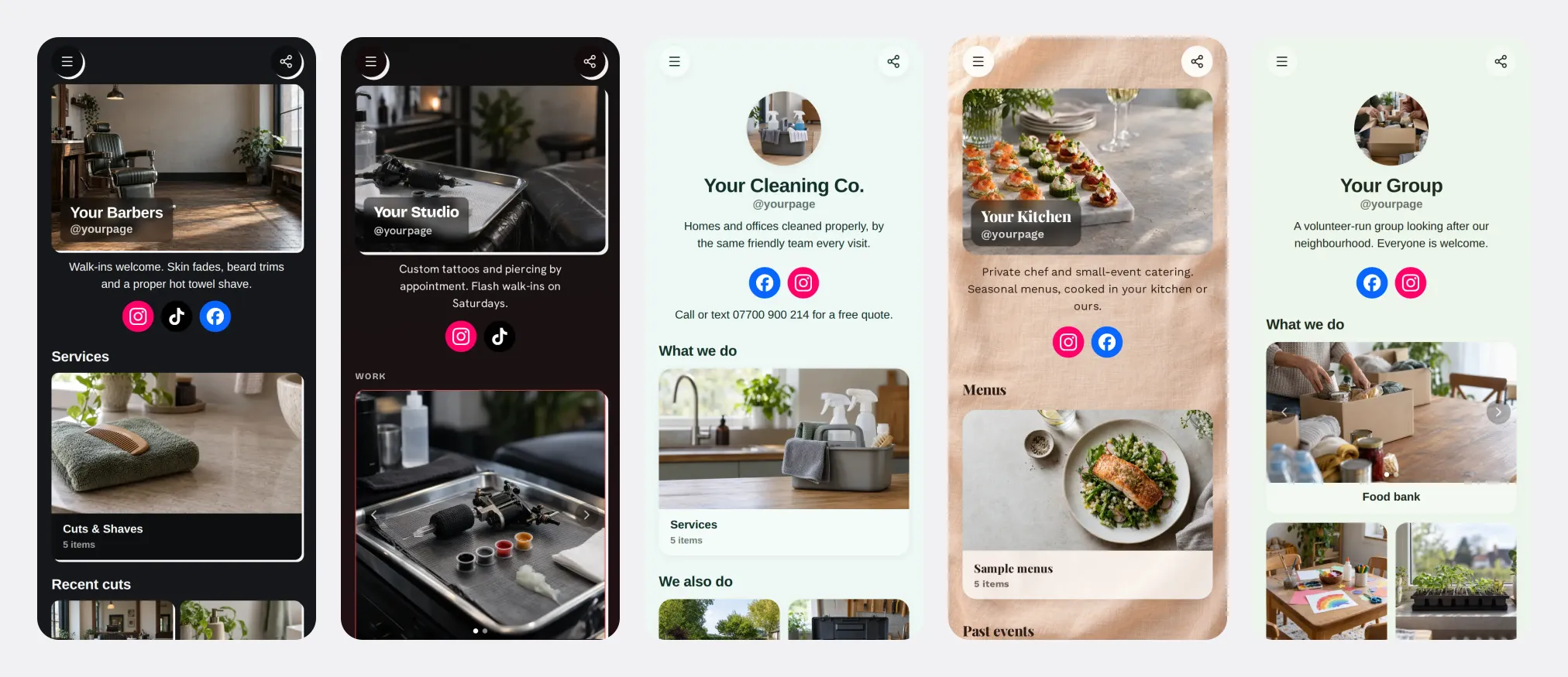 Phone previews of the Barber Shop, Tattoo Studio, Cleaning Service, Caterer & Private Chef and Community & Nonprofit templates