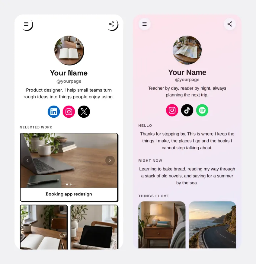Phone previews of the new Portfolio and About Me templates side by side