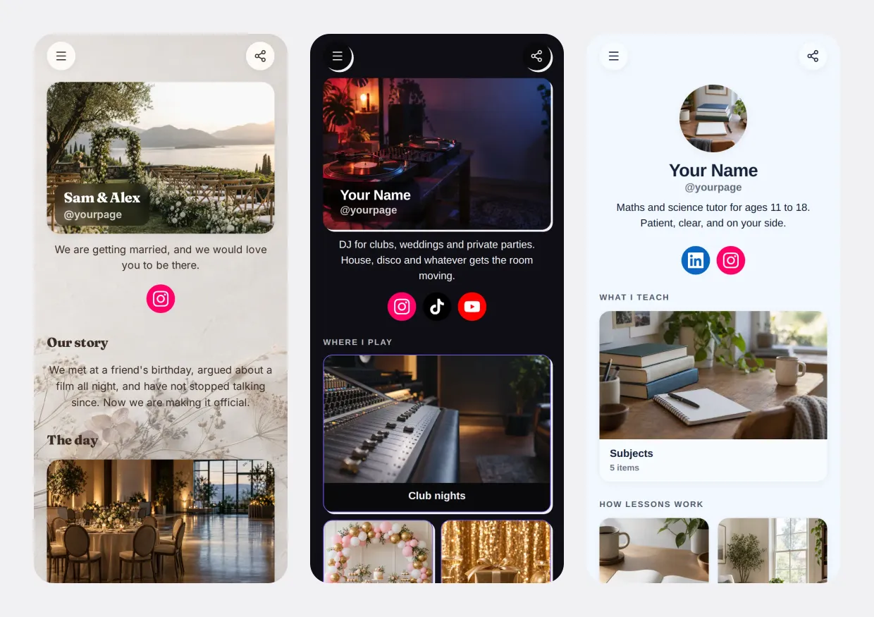 Phone previews of the Wedding, DJ & Performer and Tutor & Teacher templates
