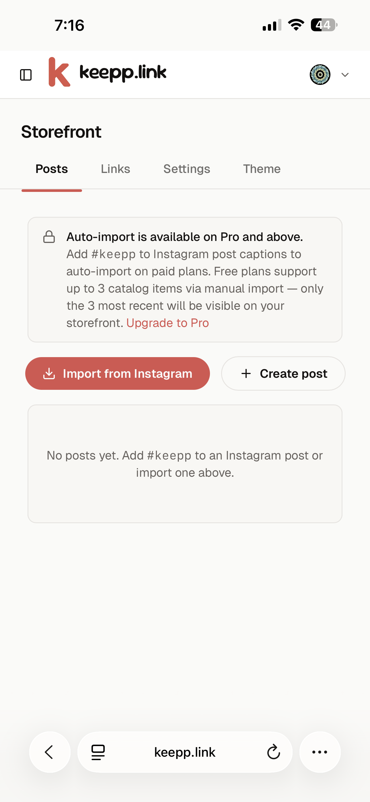 Posts page under Storefront in the admin dashboard