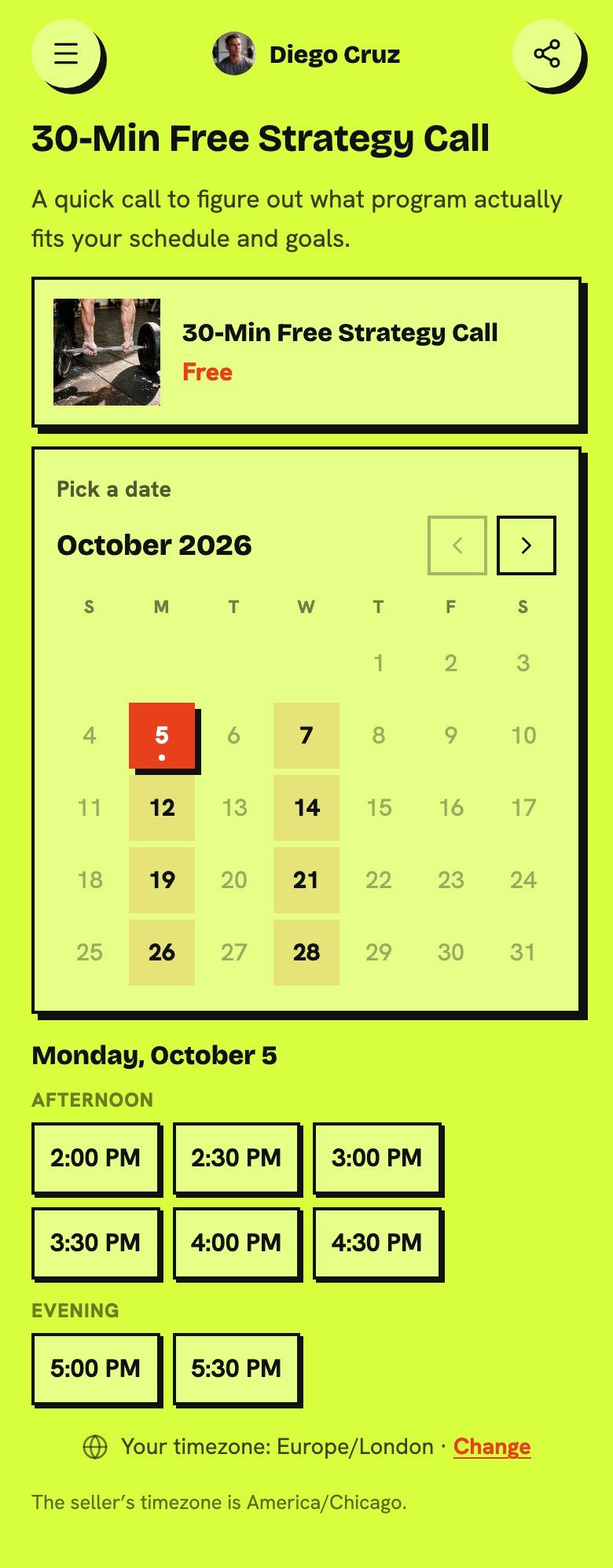 A booking calendar on Diego Cruz's page, in lime and black with hard shadows