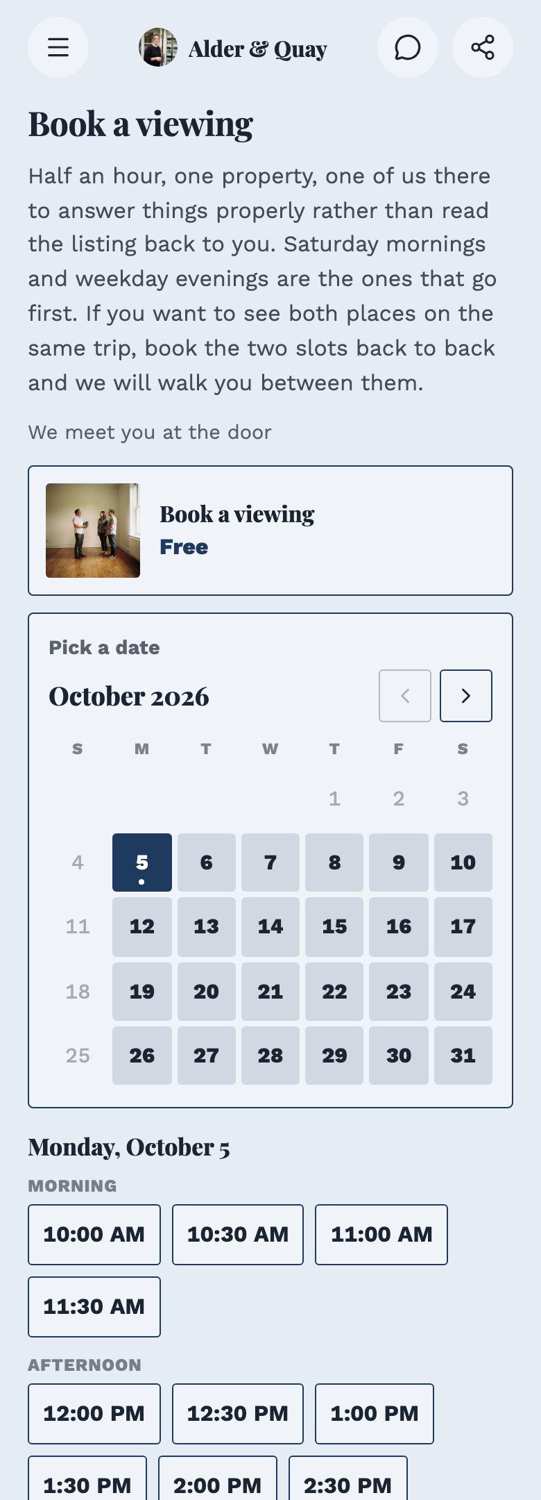 A booking calendar on the Alder & Quay page, with open times listed for a day