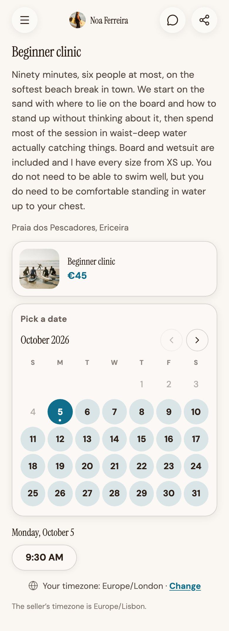 A booking calendar on Noa Ferreira's page, with round date buttons in soft sand and teal